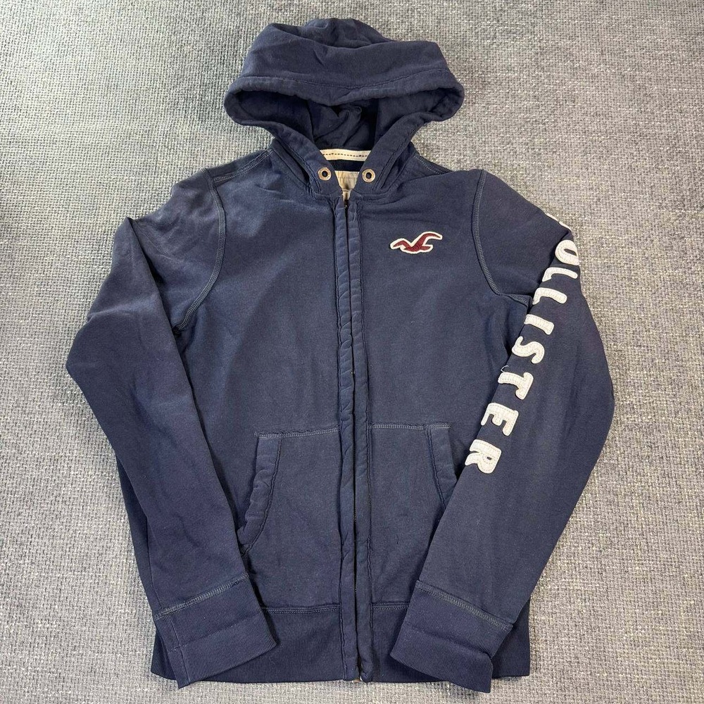 Hollister Full Zip Hoodie Mens Small Navy Blue Sleeve Spellout Y2K Surf